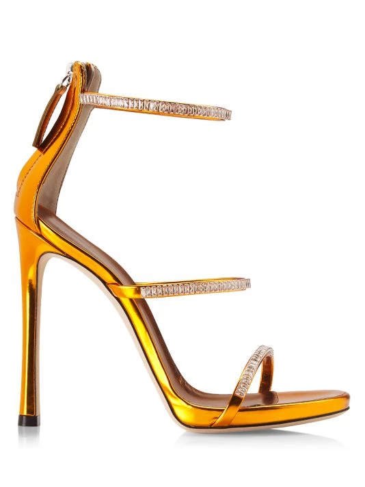 Giuseppe Zanotti Metallic Rainbow Swarovski Crystal 3-Band Leather Sandals Orange 1 Giuseppe Zanotti Metallic Rainbow Swarovski Crystal 3-Band Leather Sandals Orange